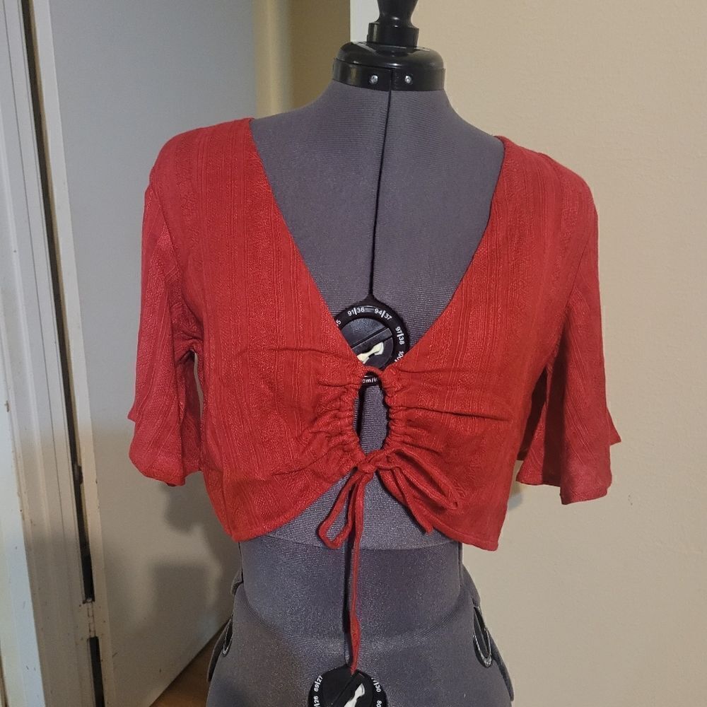 NWT L*Space Piper Red Texture Crop Top Women's Small Blouse Festival